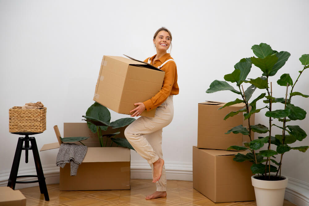 young woman moving boxes